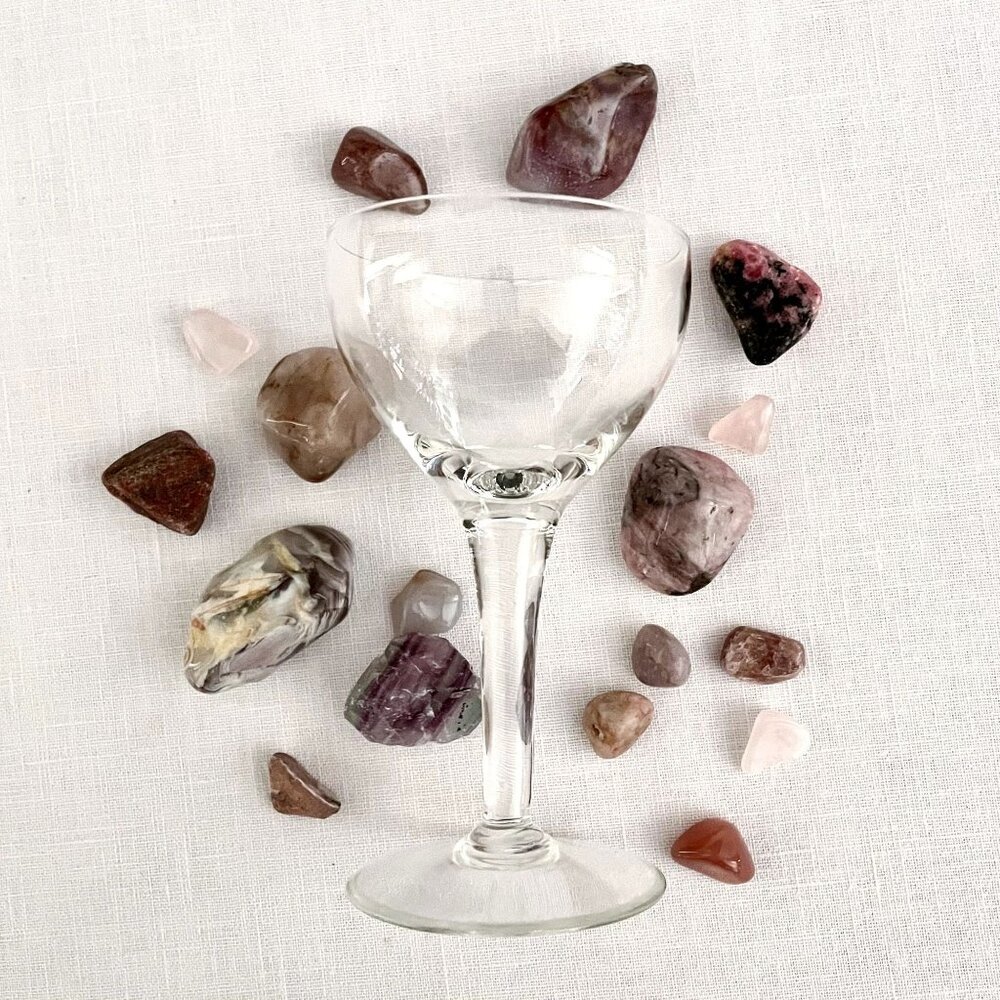 Tumbled Healing Natural Stones Crystals Pink Purple Earth Tones w/ Glass Display